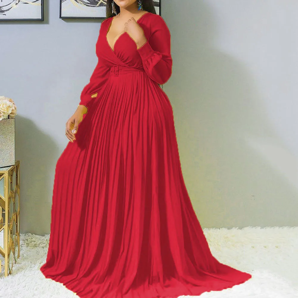 Plus Size Elegant Dress Pleated V Neck Loose Casual Cloth Lady Luxury Long Robe 2023 Summer Trendy Evening Party New In Dress