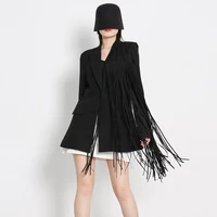 personality casual small suit female 2022 early autumn new tassel asymmetric handsome mid length suit jacket solid color fashion