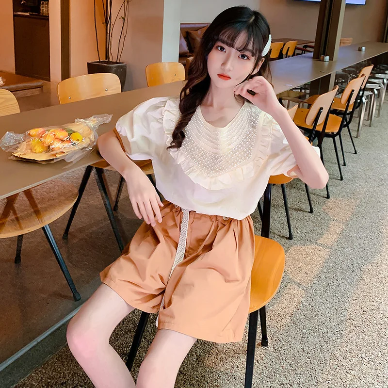 

Summer Girls' Casual Suits New Korean Version Of Pearl Short-Sleeved Loose And Fashionable Two-Piece Girls Clothing 5-15 Years
