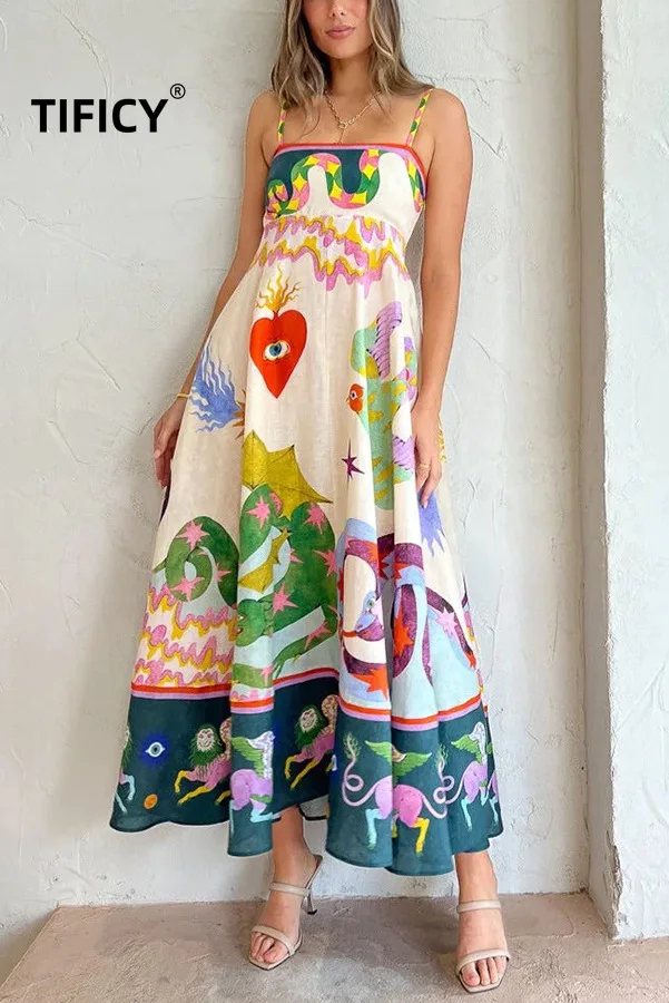 

Платье женское длинное на бретельках, повседневное свободное уличное Платье с принтом, без рукавов, для отдыха