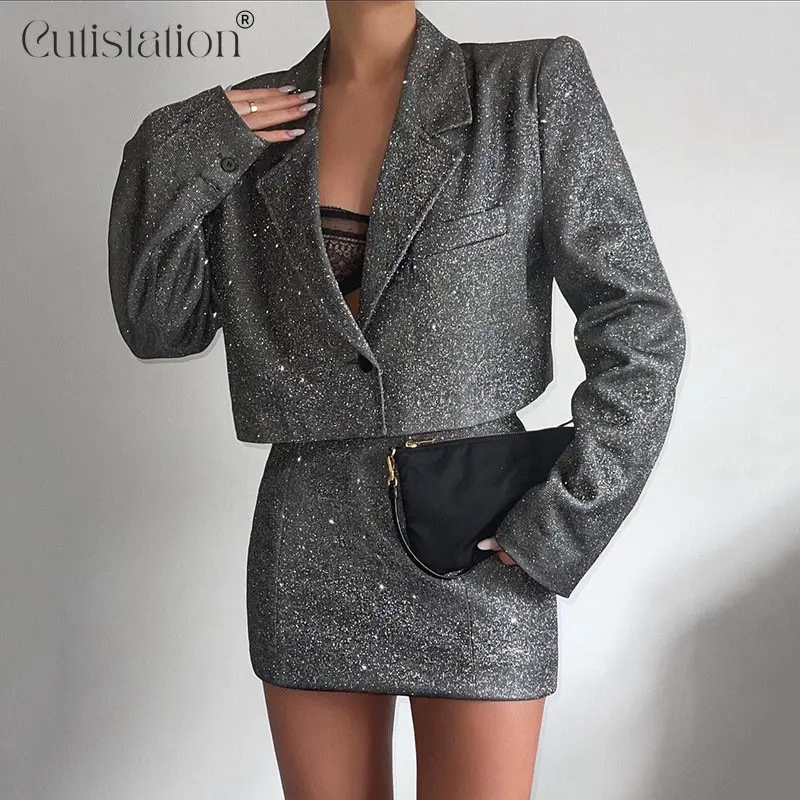 

Cutistation Silver Glitter 2 Piece Set Women 2022 Long Sleeve Sequin Cropped Blazer+Mini Skirt Sets Co-ords Party Night Clubwear