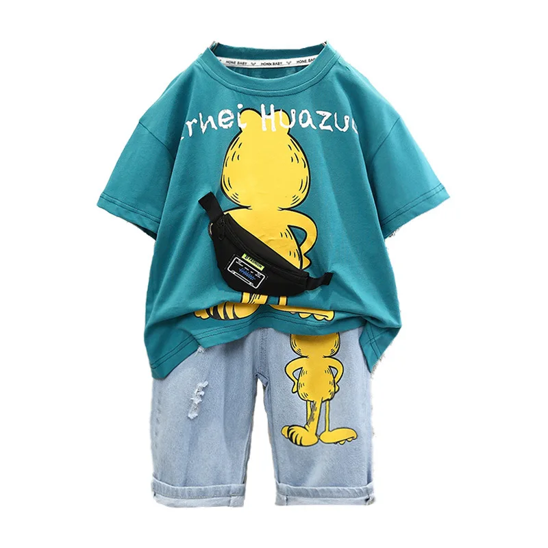 

Boy Cotton Summer Cartoon Short Sleeve T-Shirt and Short Set with Black Bag Kids Clothes Suits Children Summer Outfits 2-14T
