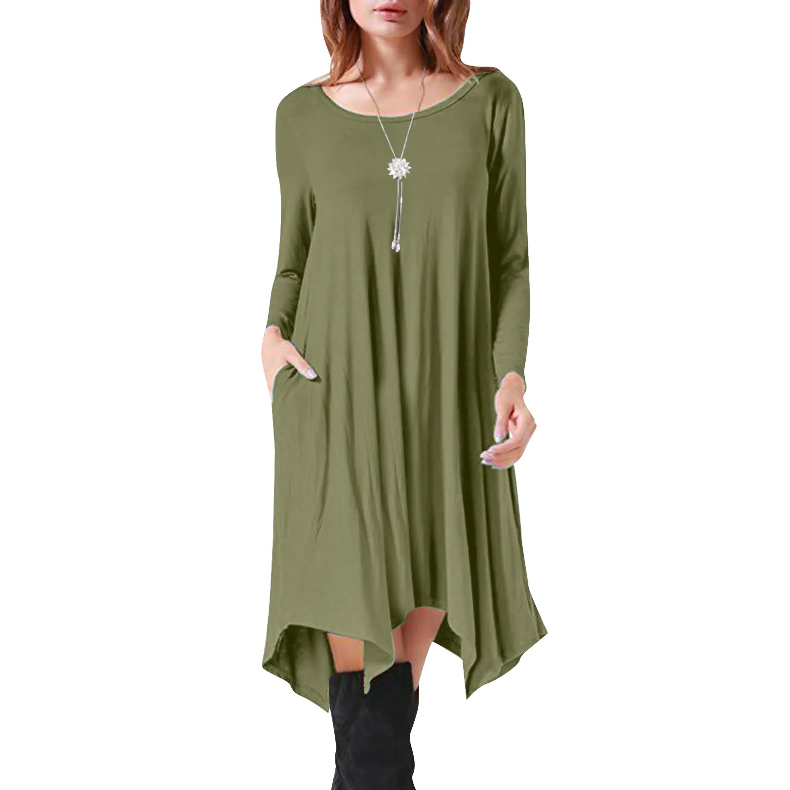 

Ladies Round Neck Long Sleeve Solid Color Dress Fashion Pocket Irregular Hem Dress Long Sleeve Tunic Dress