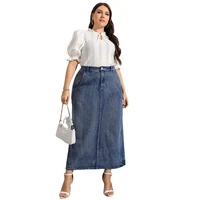 new blue long skirt plus size women clothing fall winter retro solid color korean style high waist stitching denim a line skirts