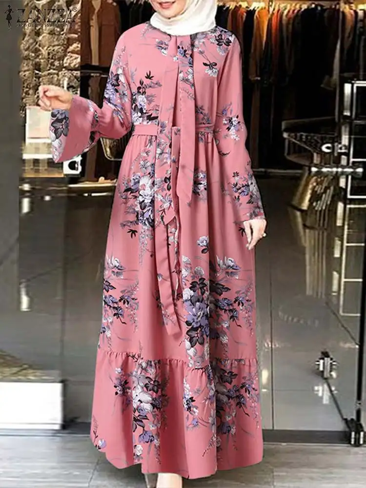 Платье ZANZEA женское с цветочным принтом, длинным рукавом и круглым вырезом, туника-Кафтан на пуговицах, сарафан в богемном стиле, повседневно...