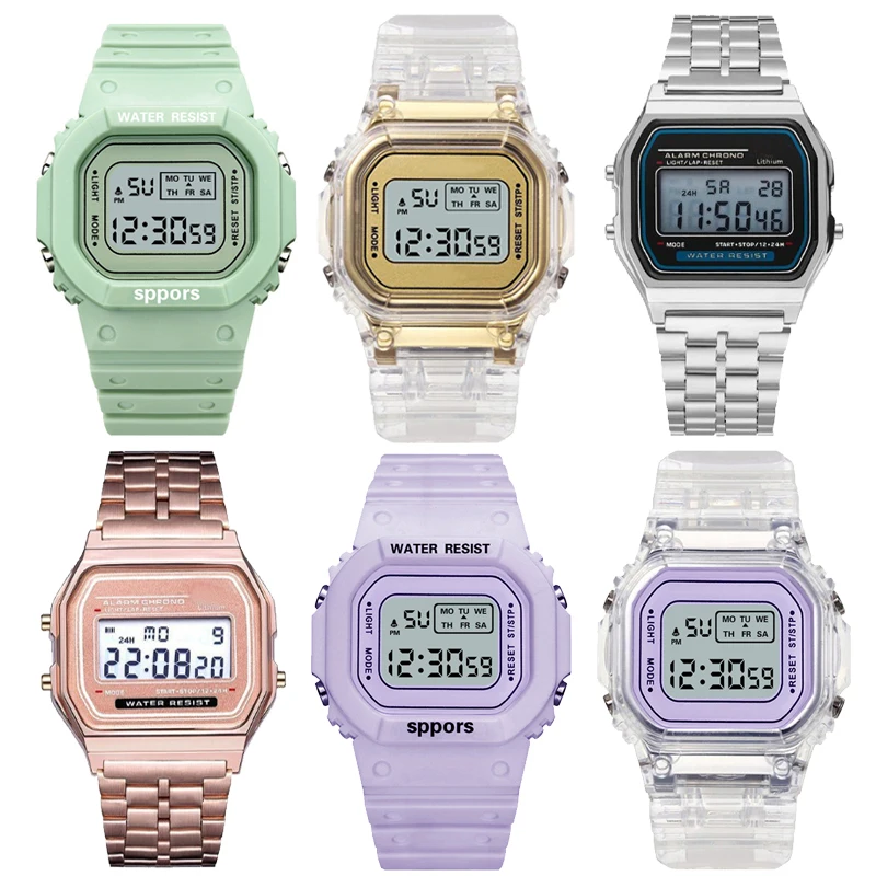 

Часы PCV/F91W с стальным ремешком, светодиодные цифровые часы, квадратные женские часы, винтажные спортивные военные часы, электронные наручные часы