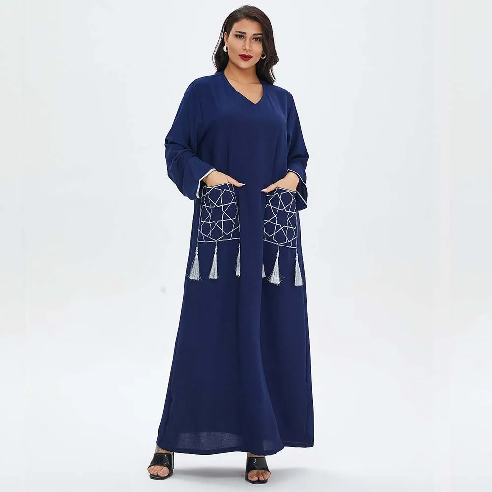 

Summer Lady Muslin Dress Elegant Chic Long Sleeve V-neck Pullover Printing Patchwork A-line Dress Dubai Mid-east Style Lady Dres