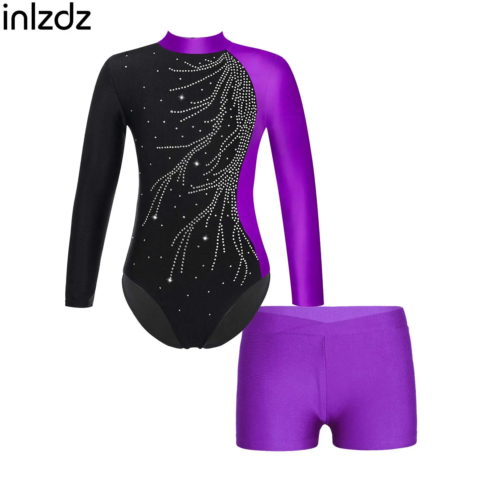 

inIzdz Kids Girls 6-14 Long Sleeve Mock Neck Shiny Adorned Keyhole Back Leotard with V-front Shorts for Dance Skating Workout