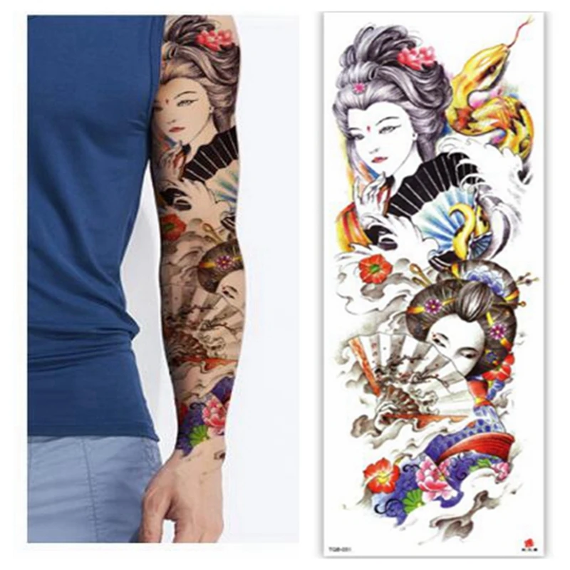 

Large Arm Sleeve Tattoo Japanese Geisha Snake Waterproof Temporary Tatto Sticker Lotus Tiger Lion Girl Tatoo Body Art Women Men
