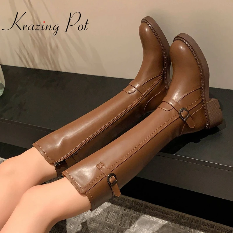 

Krazing Pot Cow Leather Round Toe British School Belt Buckle Metal Fasteners Equestrian Boots Med Heels Mature Thigh High Boots