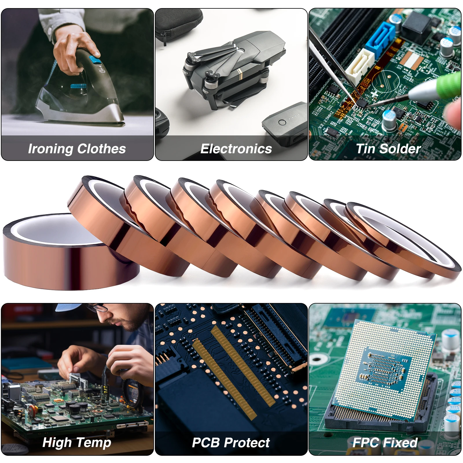 Лента полиимидная с золотым пальцем термостойкая Антистатическая 33 м 6-30 мм для