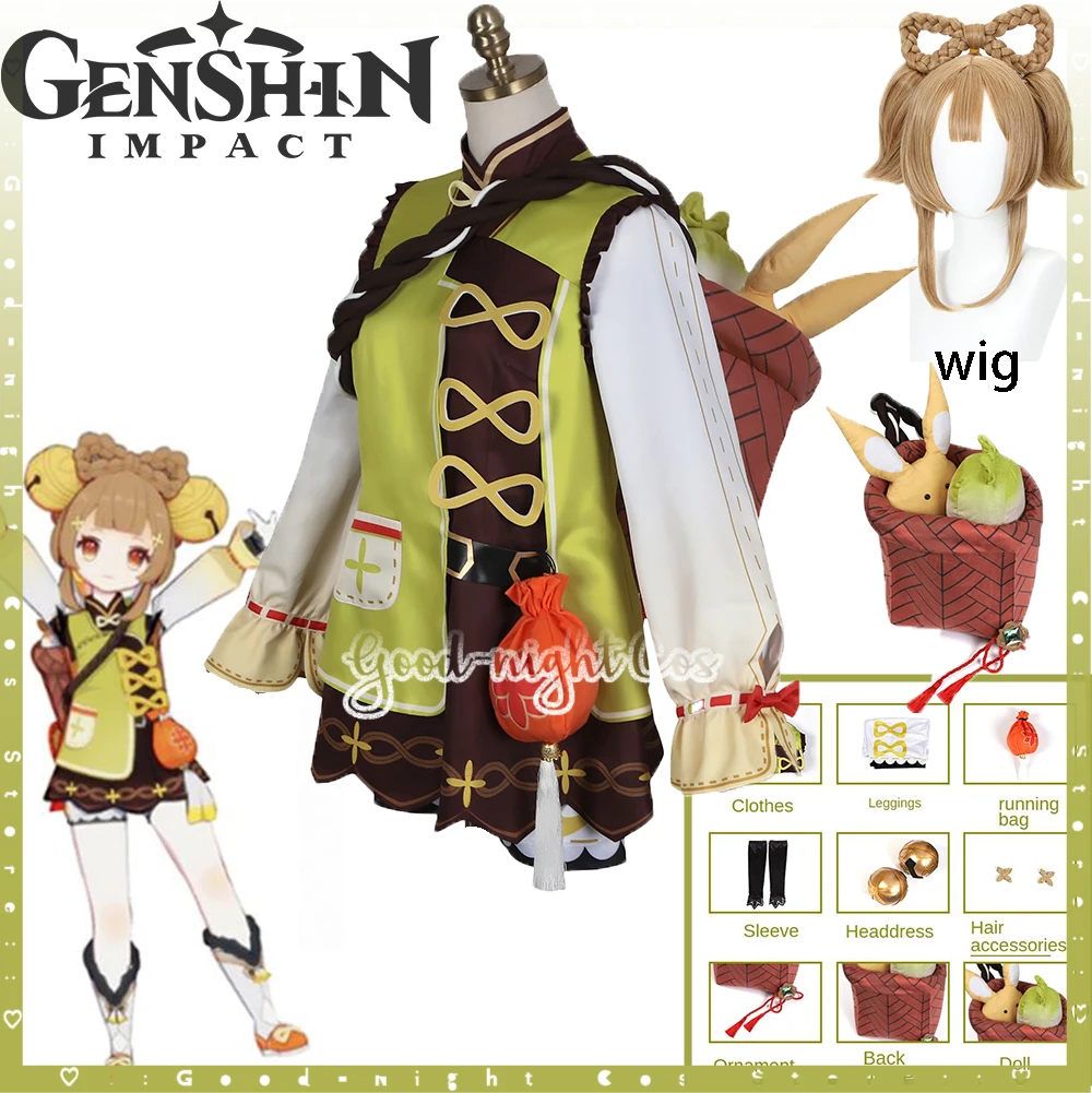 

Game Genshin Impact YaoYao Cosplay Wig Bag Headwear Lolita Dress Adult Kids Lovely Outfit Halloween YaoYao Role Play Full set