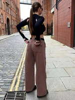 brown vintage baggy jeans women 90s streetwear pockets wide leg cargo pants low waist straight denim trousers 2021
