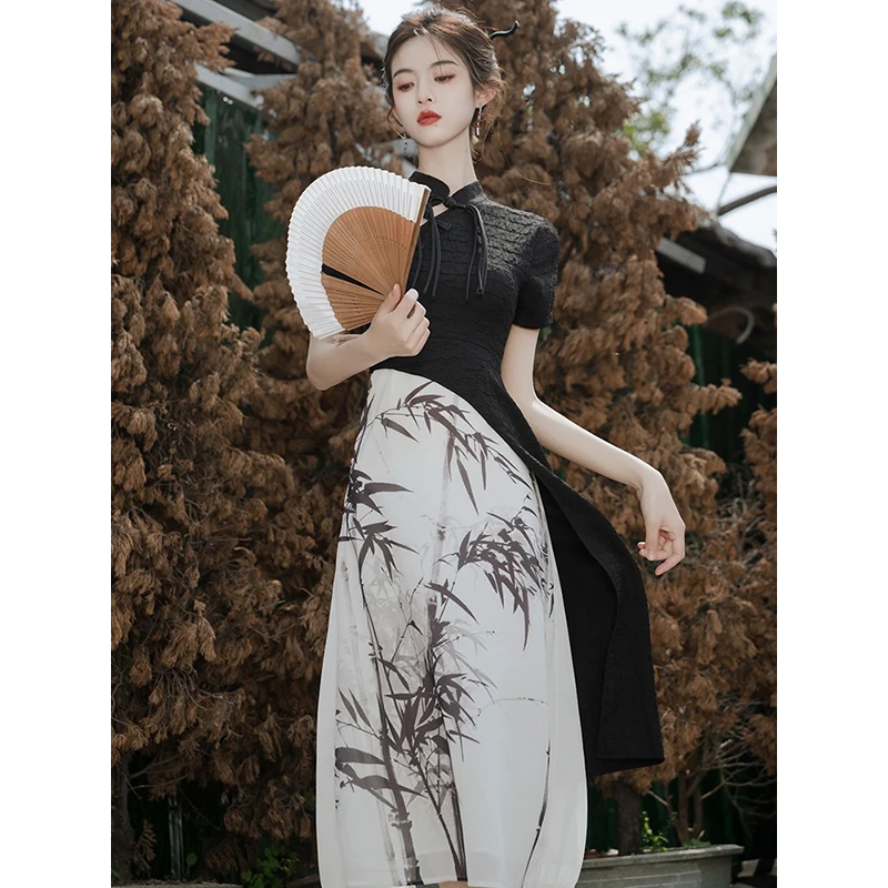 Элегантное женское платье, новинка, винтажное облегающее платье-Ципао в китайском стиле Y2K, милое повседневное офисное женское платье средней длины, черное летнее платье 2023
