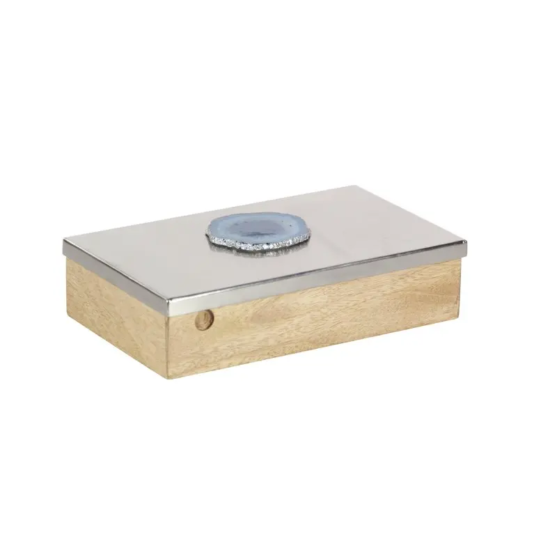 

Stylish Silver Mango Wood Box with Unique Geode Detail and Robust Hinged Lid, Perfect for Storage and Display.
