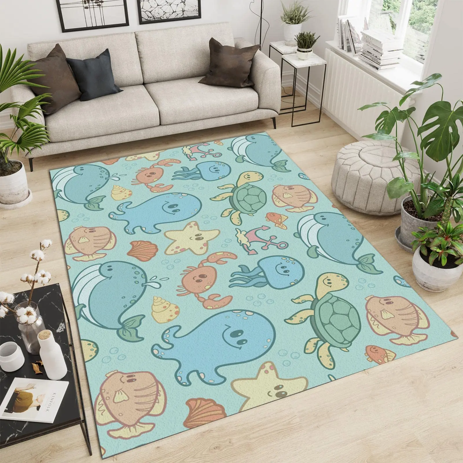 

HX Fashion Carpets Funng Cute Marine Organism Printed Areas Rugs Flannel Material Mats for Living Room Bedroom Dropshipping