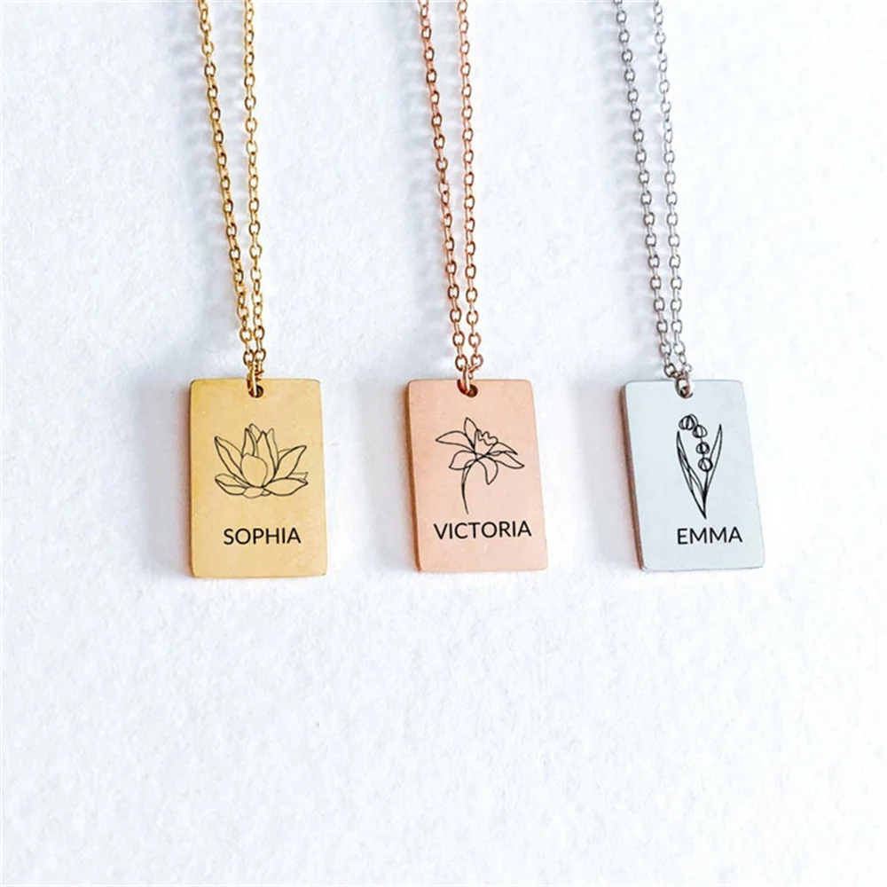 Birth Month Custom Women's Necklace Wildflower Bouquet Necklace Stainless Steel Rectangular Necklace Exquisite Jewelry Custom