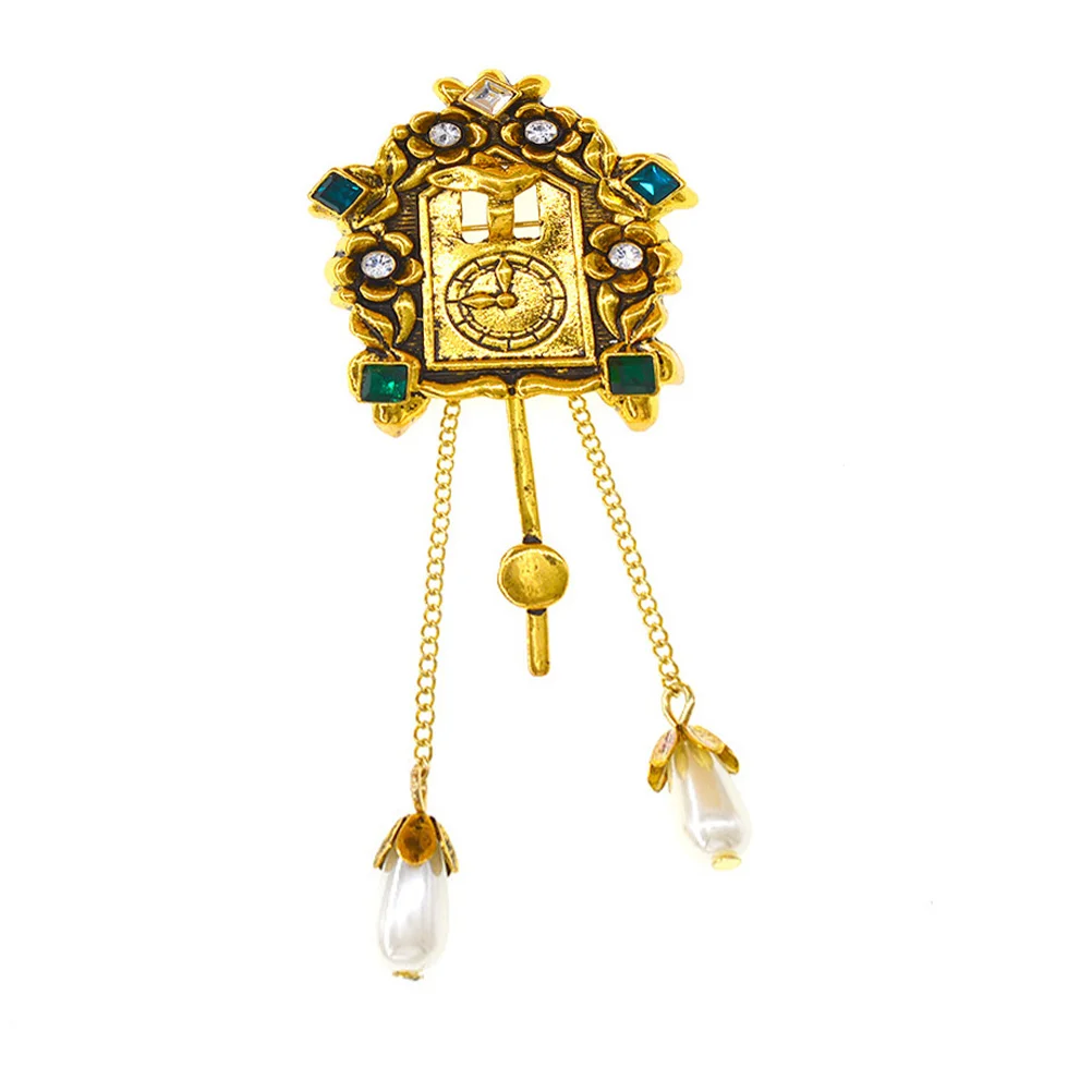 

Clock Tassels Design Corsage Clothing Brooch Vintage Breast Pin Golden