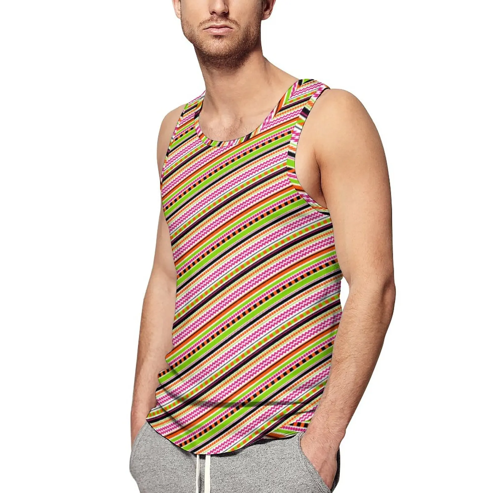 

Dots And Stripes Tank Top Colorful Line Design Sportswear Tops Summer Training Mens Graphic Sleeveless Vests Large Size