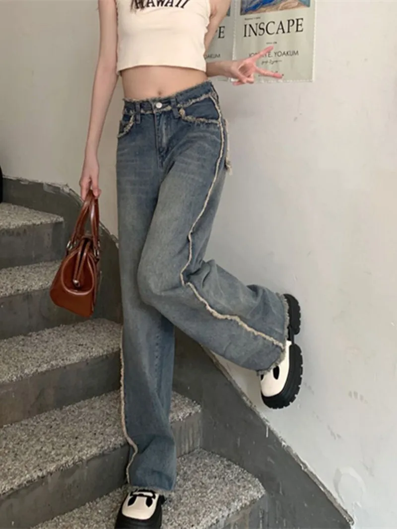 Ins High Waist Straight Slim Fit Jeans Y2k Casual Loose Mopping Denim Trousers Woman Vintage Frayed Wide Leg  Blue Jean Pants