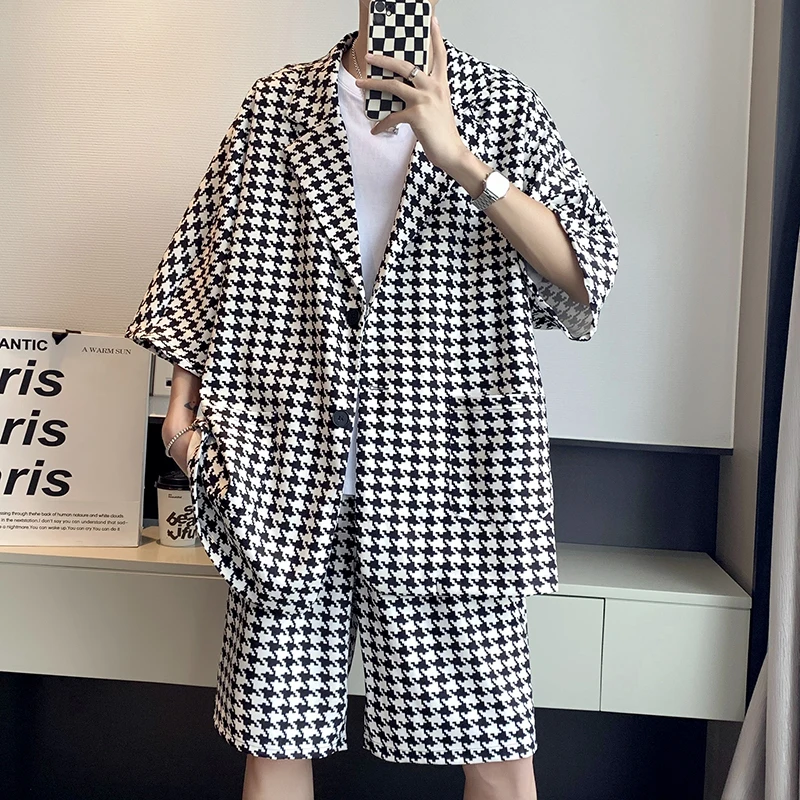 

2023 NEW Summer Mens Sets Plaid Three Quarter Sleeve Blazer+Shorts Set for Men Casual 2-piece Set Manmen joggers suit sets