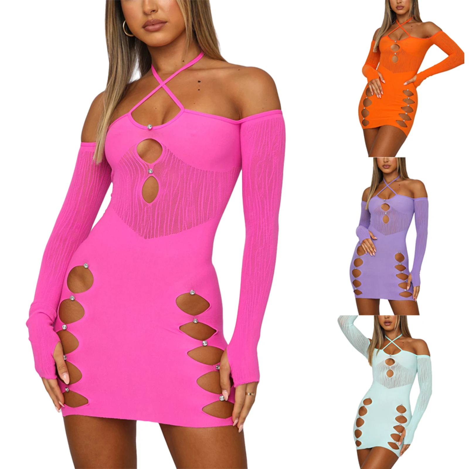 

Women Midi, Long Sleeve Hanging Neck Street Party Spring Fall Casual Wrapped Cutout Dress