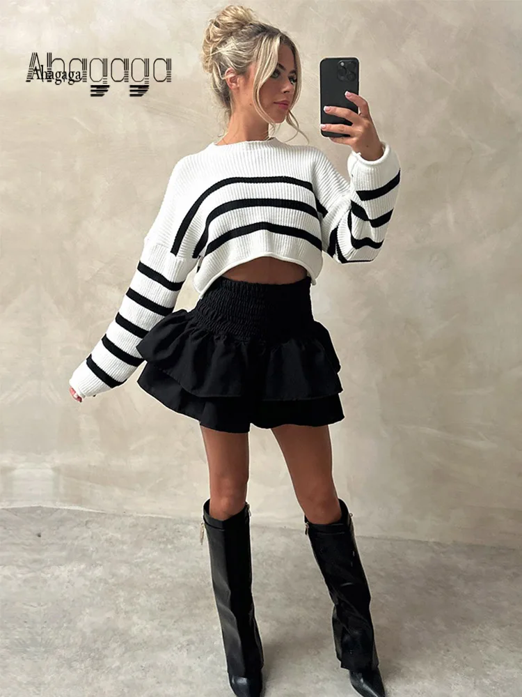 

Crop Top Sweater Women Fashion Sexy Streetwear Casual O-neck Long Sleeve Striped Knit Soft Pullover Loose Female Cute Short Tops