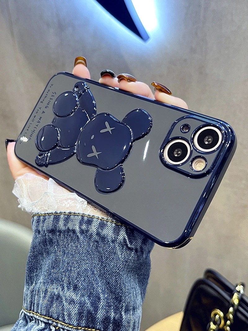 

Cartoon Cute Bear Plating Frame Phone Case For iphone 11 13pro Pro Max 13 12 7 8 Plus SE Back Cover Phone lens protection Shell