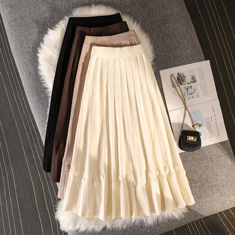 

Зимняя плотная трикотажная юбка миди для женщин с высокой талией, эластичные плиссированные трапециевидные юбки, Женская однотонная Повседневная винтажная юбка, женская одежда