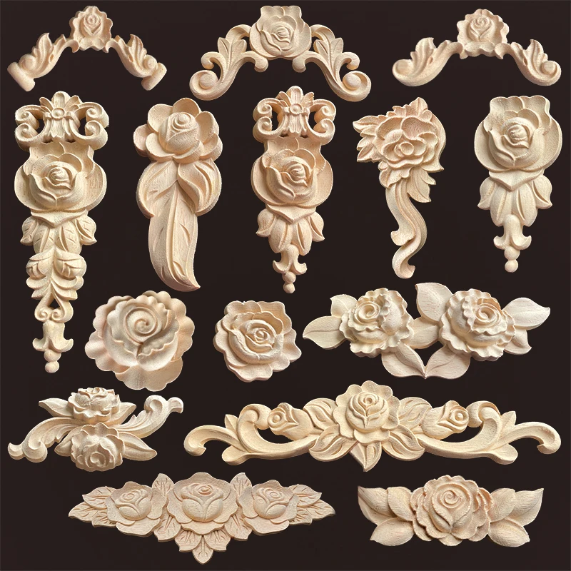 Wood carving onlays rose appliques Decals for wood furniture Antique home decor Wood furniture decoration Wood flower crafting