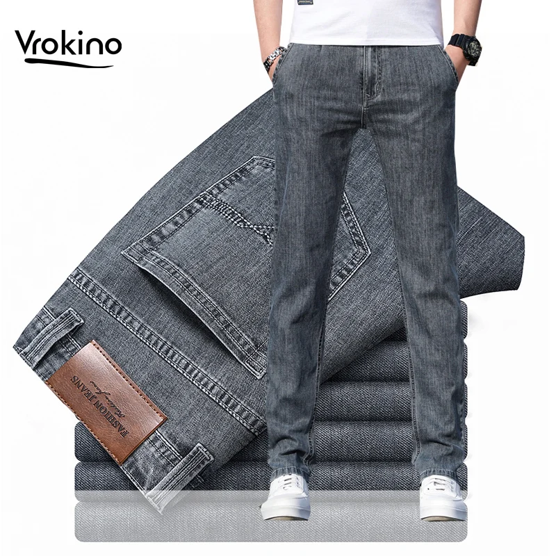 

VROKINO spring and summer new Men's Fit Straight Lightweight Jeans Fashion Casual Men's Thin Stretch Jeans