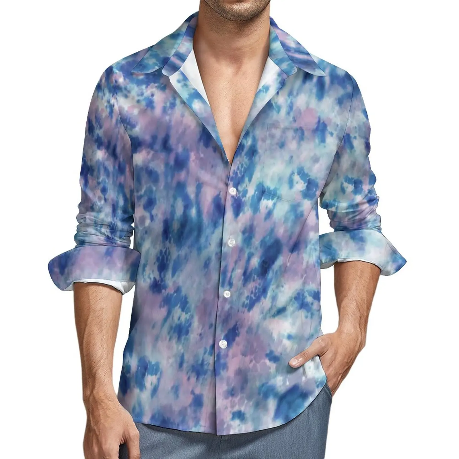 

Tie Dye Blue Pink Shirt Man Aesthetic Art Casual Shirts Autumn Streetwear Graphic Blouses Long Sleeve Loose Oversize Clothing