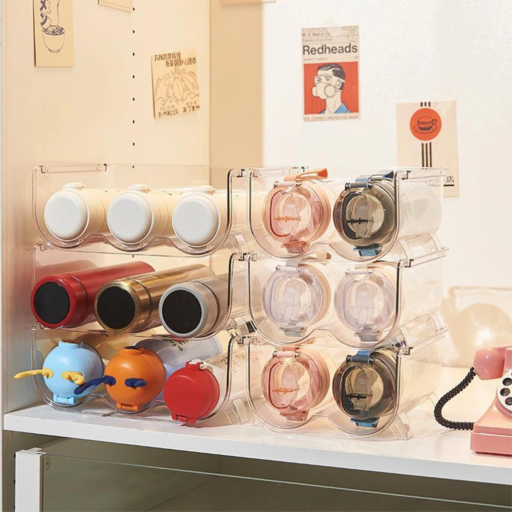 

Stackable Water Bottle Organizer Clear Holder Office Dining Kitchen Cupboard Beverage Storage Display Shelf 2 Grids