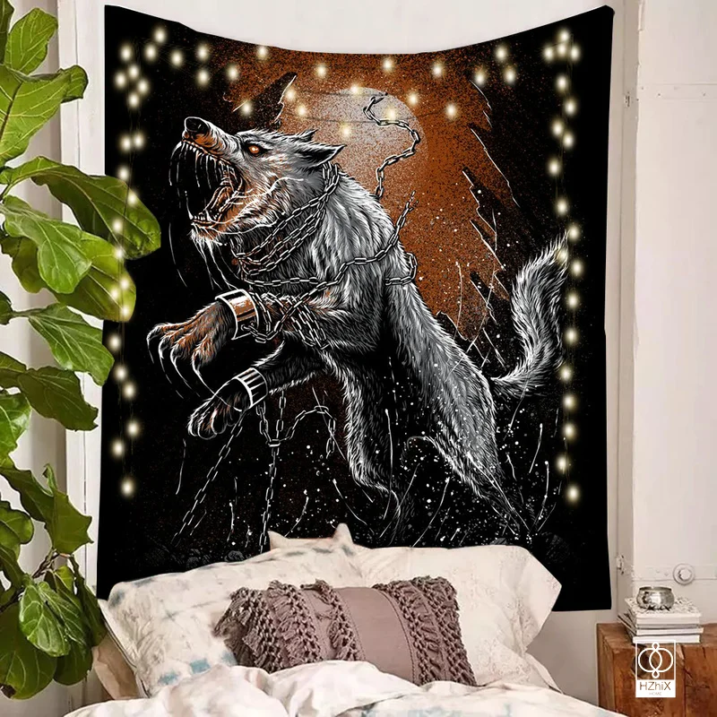 

Wolf Viking Raven of Odin Tapestry with Lights Nordic Style Tapestries Home Decoration Wall Suitable for Bedroom Living Room