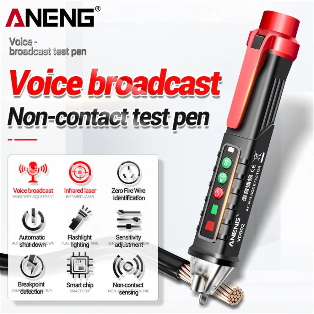 

ANENG VD902 Digital Voltage Detectors Smart Non-Contact Voice broadcast test pen 12-1000V Infrared Laser Electric Sensor Tester