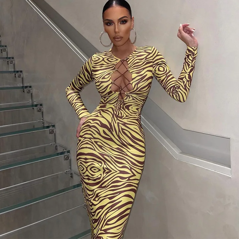 

European And American-Style Women's Clothing2022New Spring Fashion Printed Chest Hollow-out Long Sleeve Slim Dress for Women