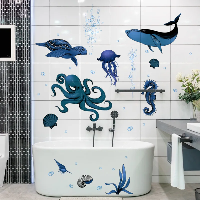 Blau Meer Tier Meer Schildkröte Quallen Einfache Wand Aufkleber Kreative Dekoration Selbst-adhesive Wand Aufkleber In Wohnzimmer