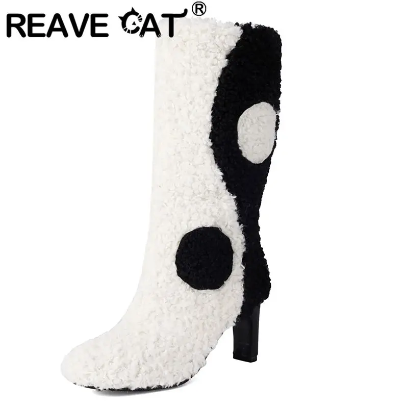 REAVE CAT Tai ji Зимние теплые ботинки Плюшевые женские туфли на высоком каблуке 7 5 см