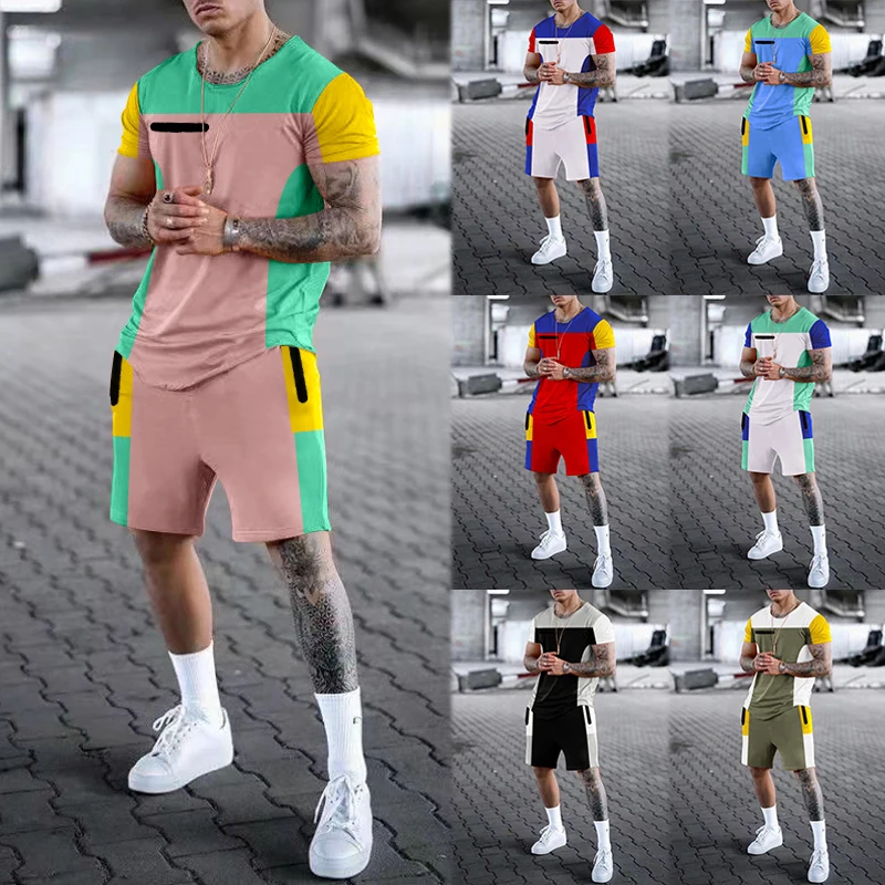 Fashion Men's tshirt Set Cotton Print Streetwear Short Sleeve Casual Shorts Casual Two Piece Suit Solid Color