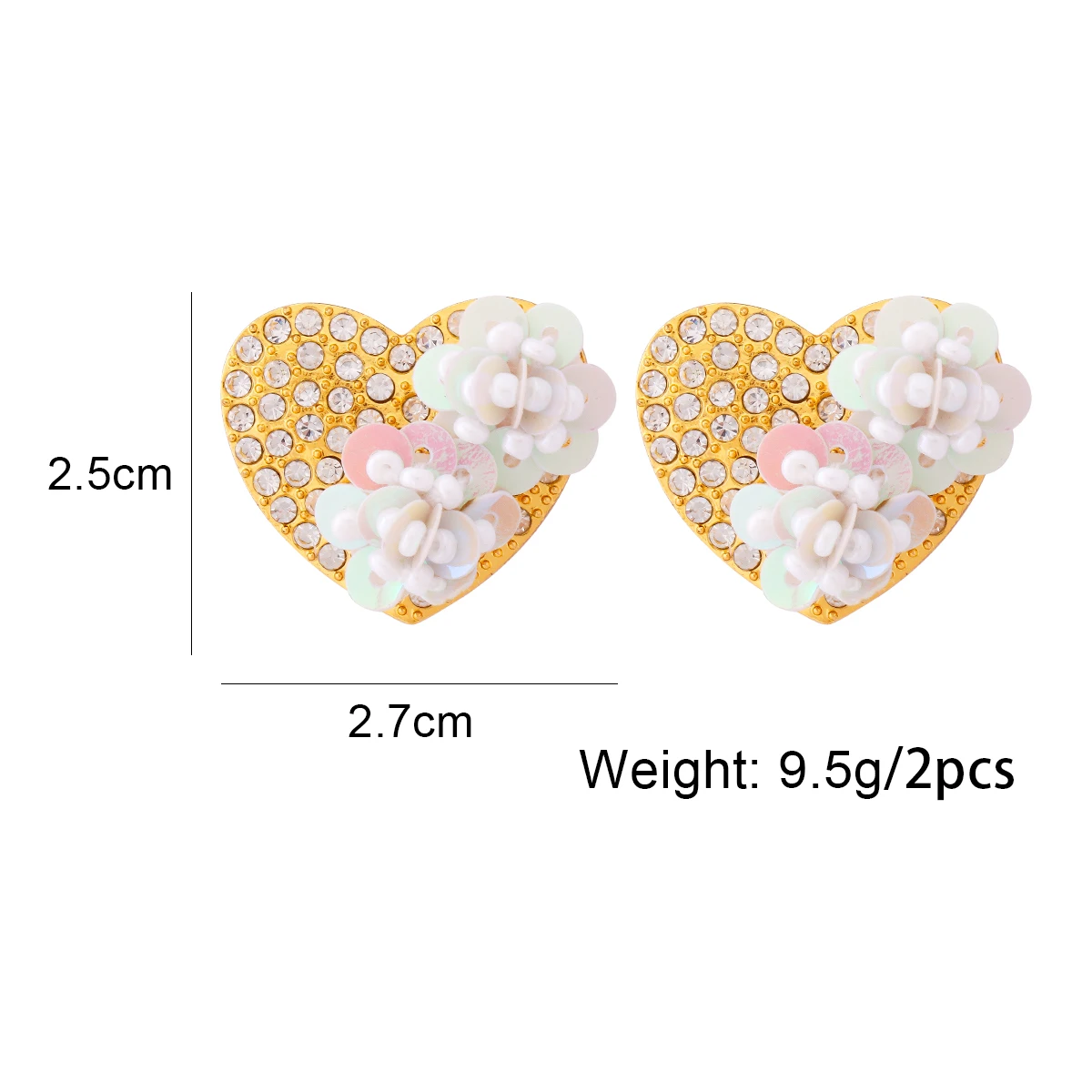 Женские серьги-гвоздики в виде сердца с кристаллами