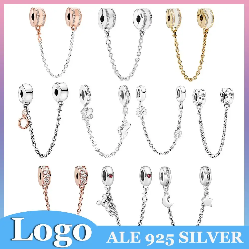 

Pandora S925 Silver Sparkling Sparkle Flower Safety Chain Charm Beads Fits Original Women Bracelet Pendant DIY Jewelry