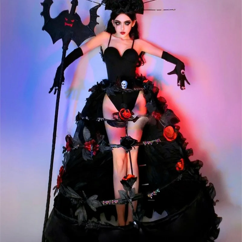 Художественный костюм для бара ночной клуб черная ведьма демон помадур платье