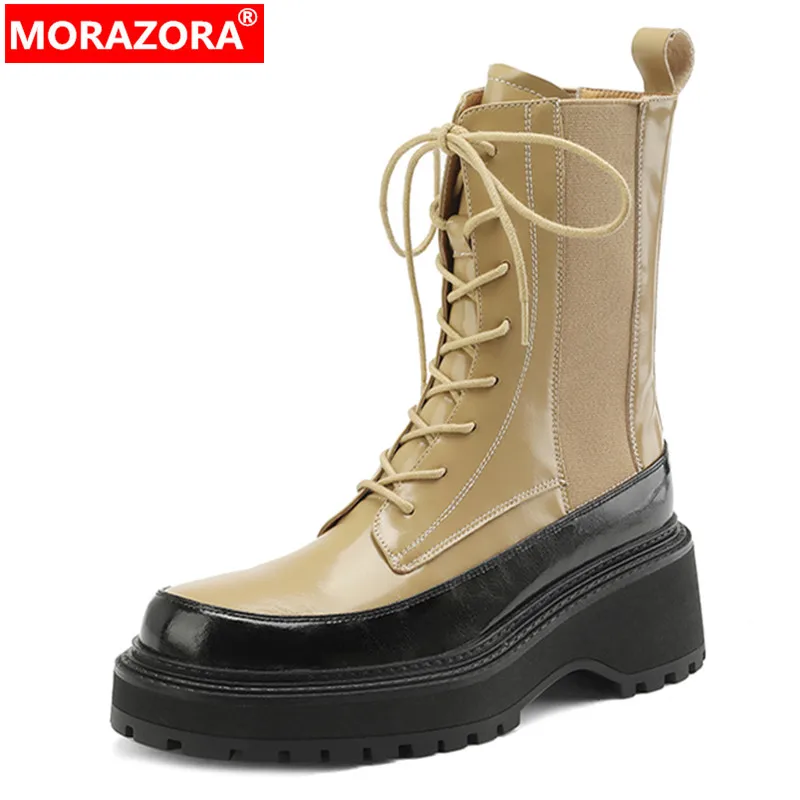 

Женские ботильоны на платформе MORAZORA, Черные ботильоны из натуральной кожи с узким ремешком, на толстом высоком каблуке, новинка осенне-зимнего сезона 2023