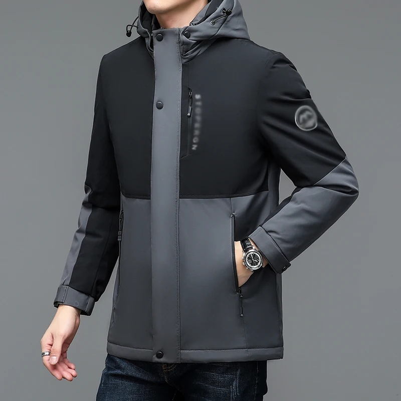 Men Basic Hooded Puffer Parkas Black Grey Colour Block Patchwork Design Thick Thermal Puff Overcoat Lining Detachable Warm Coat