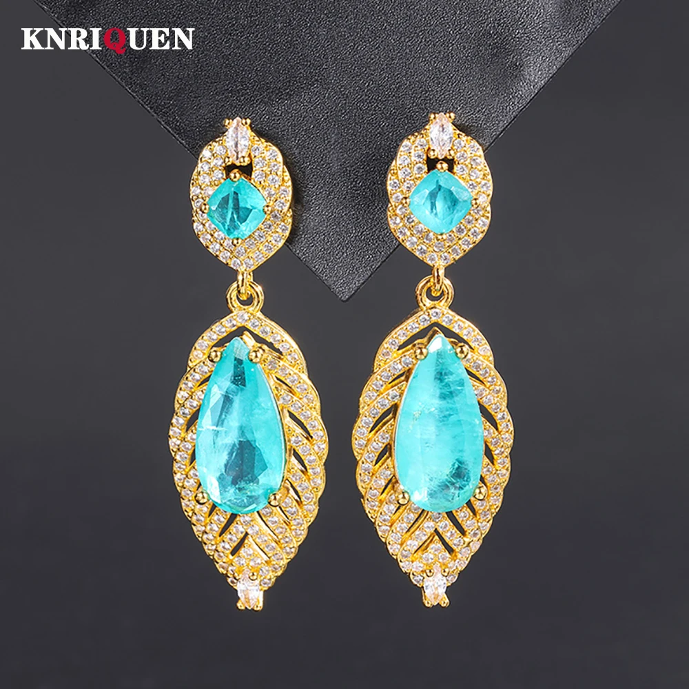 

Retro 8*16mm Emerald Paraiba Tourmaline Gold Color Drop Earrings for Women Charms Lab Diamond Cocktail Party Fine Jewelry Gift
