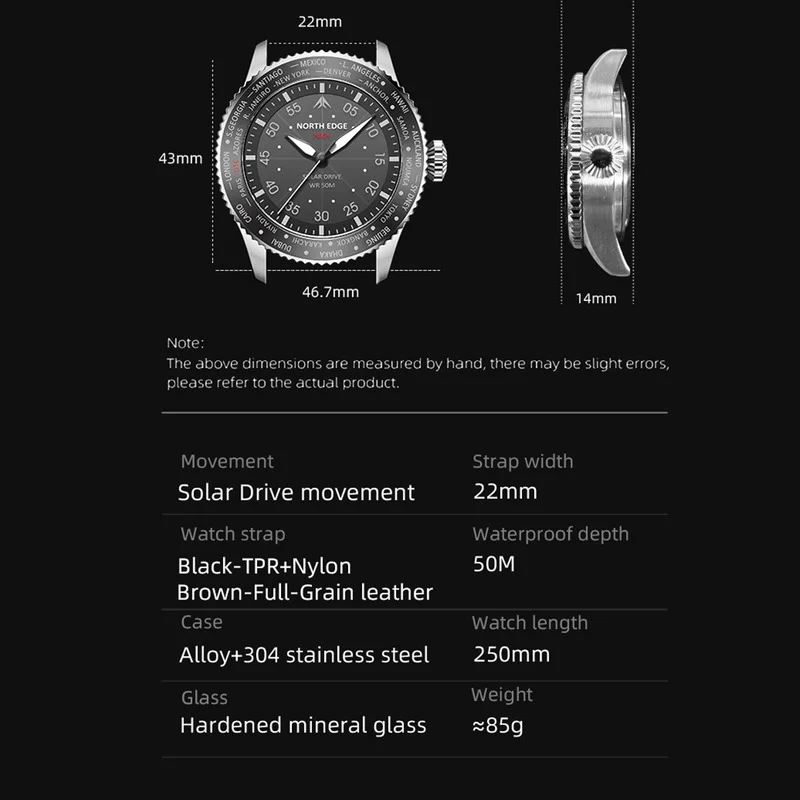 NORTH EDGE Солнечные часы для мужчин MACH Новый серебряный светящийся кожаный ремешок