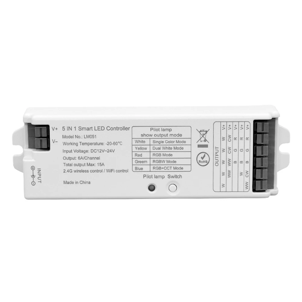 

LM051 5 In 1 LED Strip Controller DC12-24V For Single Color/CCT/RGB/RGBW/RGB+CCT LED Strip, Dimmer