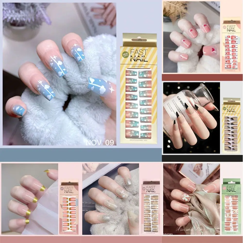 24pcs/Box New Manicure Tool Detachable Full Cover Wearable Nail Tips Short False Nails Fake Nails