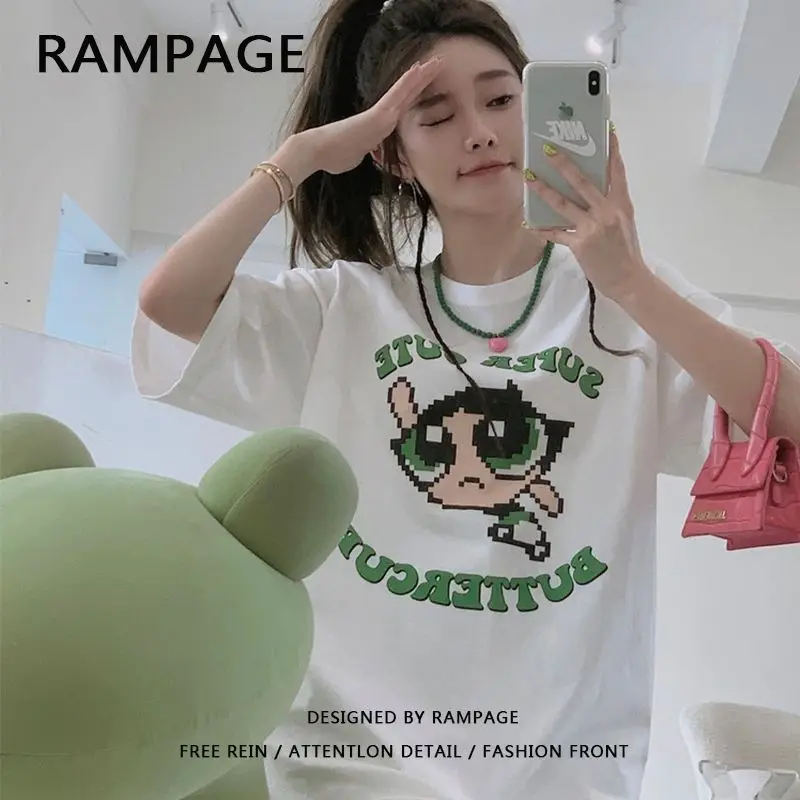 

kawaii The Powerpuff Girls RAMPAGE100 100% Cotton T-shirt Female Summer New Explosive Short-sleeved Loose Tops