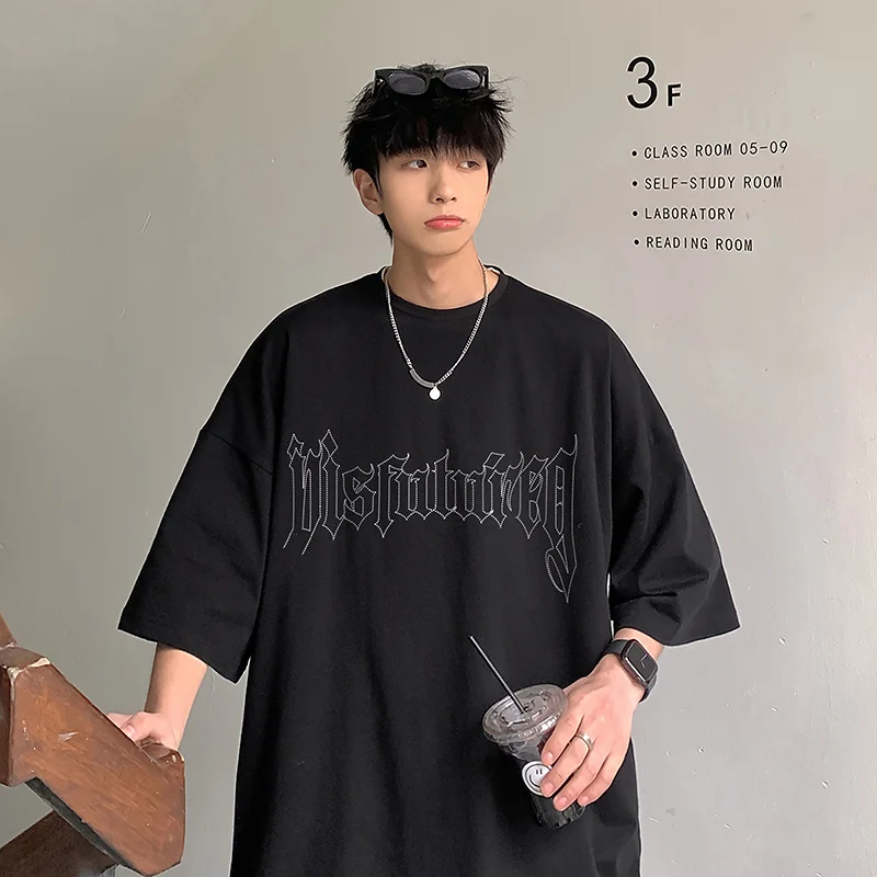 

Short sleeve t-shirt men's summer fashion brand black printing large half sleeve bottomed top Hong Kong Style loose T-shirt